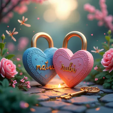 Stunning 3D rendering of a magical garden scene, where two interlocking locks symbolize the union of love between sunset and sunrise. The lock, intricately designed, reads "Matsu" in a romantic blue heart shape and "Rubi" in a cute pink heart shape. The ke...