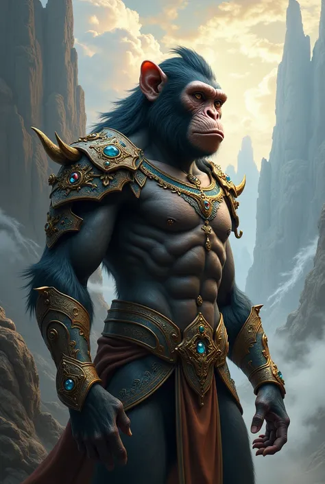 a powerful humanoid monkey, detailed face with big eyes, long eyebrows, strong jawline, muscular body, wearing ornate jeweled armor, epic fantasy landscape with mountains, clouds, glowing magical energy, cinematic dramatic lighting, digital art, concept ar...