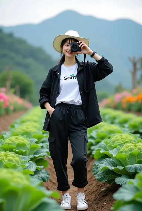 Beautiful Korean girl, smooth white skin, well-groomed face, tied black hair, white hat, posing in a very fertile and beautiful broccoli field. Holding a camera, black jacket, white t-shirt with the Santi logo, cool watch, knee-length cargo pants, white sn...