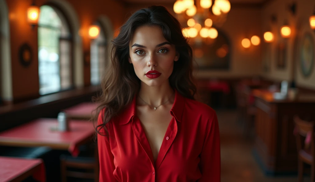 a woman standing in front in the background of a restaurant,, by Andrei Kolkoutine, tumblr, smile, portrait of a young witch girl, red elegant shirt, full body, vulptuous body, big breasts,refined editorial photograph, wearing a gothic dress, innocent look...