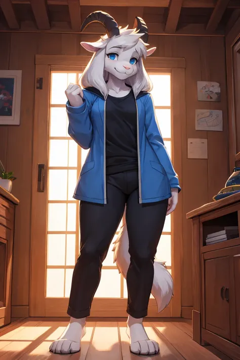 woman, alone, in a house, furry, Goat, anthropomorphic goat, Asriel, Undertale, medium breasts, big ass, medium wide hips, perfect body, tall, long hair, blue eyes, anthro face, cartoon, smile, blue coat, black t-shirt, brown pants, a short tail, goats tai...