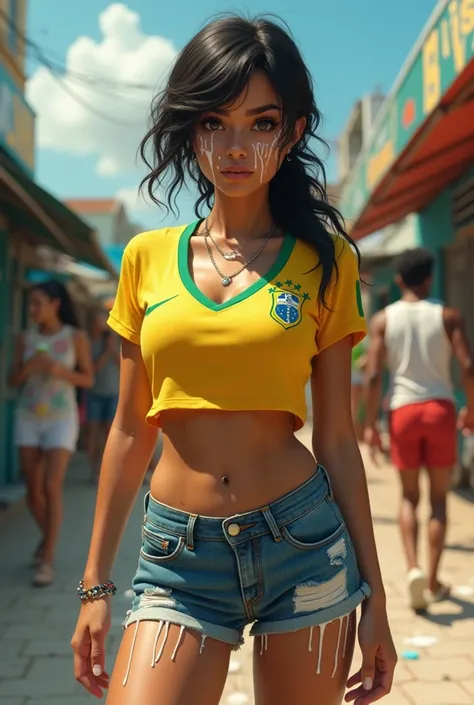 Brazilian woman with cropped Brazilian team top with short denim shorts is milk spilled on her face 