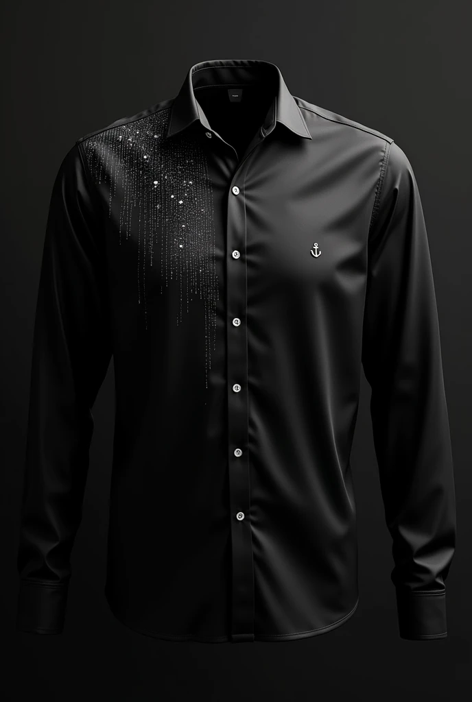 A rich silk  ventablack , shirt with raindrops pattern on the left top side , with a tiny anchor on 
displaying on  the left 