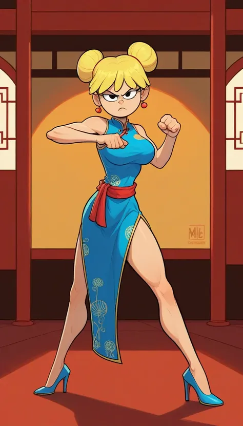 lori loud, 1girl, solo, 24yo girl, blue cheongsam,  inside of a chinese style temple, large breasts, looking at viewer, blonde hair, short hair, two hair buns , hands  score_9, score_8_up, score_7_up, high heels,teep fighting stance,martial arts