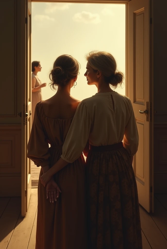 An older woman next to a younger woman, both standing in front of an open door. back view. Another woman is outside