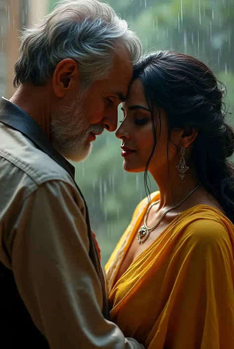 Photo of Hot Indian Middle aged Aunty with Dark skin , Body Wet In Rain, Wearing Tight yellow Kurti and White stole tied around her neck, U Cut Cleavage, Kissing a Old Man.