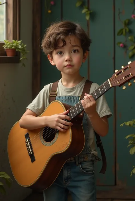 The young boy holding guitar in asthetic 