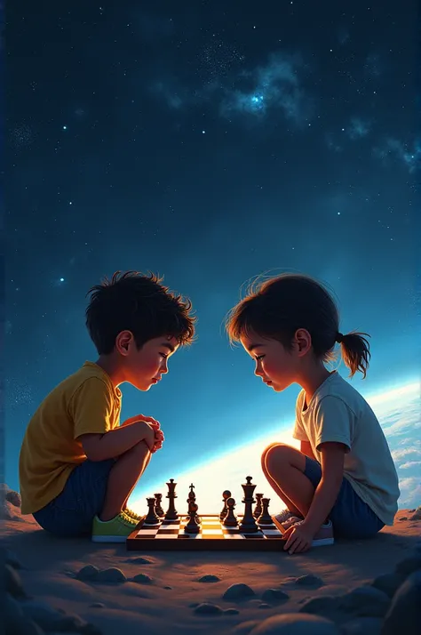 Two Brazilian children playing chess in space 