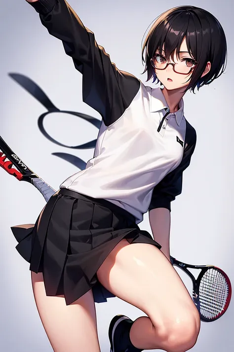 masterpiece, best quality,anime style, 1 girl,(((slender body))), (((small eyes))),(((tennis uniform,glasses))), (beautiful face), (((short hair))), (((straight hair))), ((((black hair)))),detailed beautiful skin, (perfect hands, perfect anatomy),scream