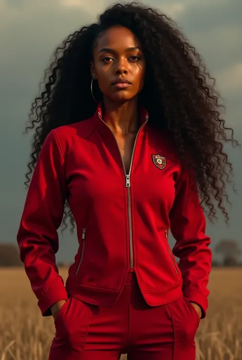 Long curly beautiful teen Kenyan woman. Hero outfit color Red. She wears a jacket but as heroic outfit. Hands logo on her outfit. Realistic 