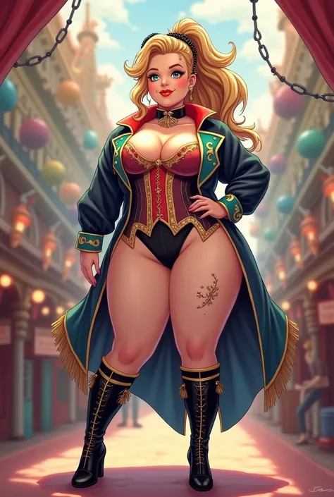 2D, anime, good anatomy, perfect quality, soft colors, feminine, big hips, colorful ringmaster uniform, chubby, curvy, tall, long black boots, soft smile, multicolored blonde and brown hair, tied into one high ponytail, black head hoop, barely visible scar...