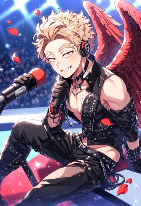 Ultra detailed, Highres, absurdres, HDR, master piece, Hawks, ash blonde hair, brown-golden eyes, faint stubble, red wings, Boku No Hero Academia, sexy man holding a microphone, sitting, solo, rocker, black rocker clothes with trimmings, red petals, glitte...