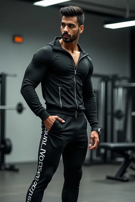 A smart indian men model, wearing black dryfit track pant,side pocket with zipper,  text print THE ZOVEN, gym background