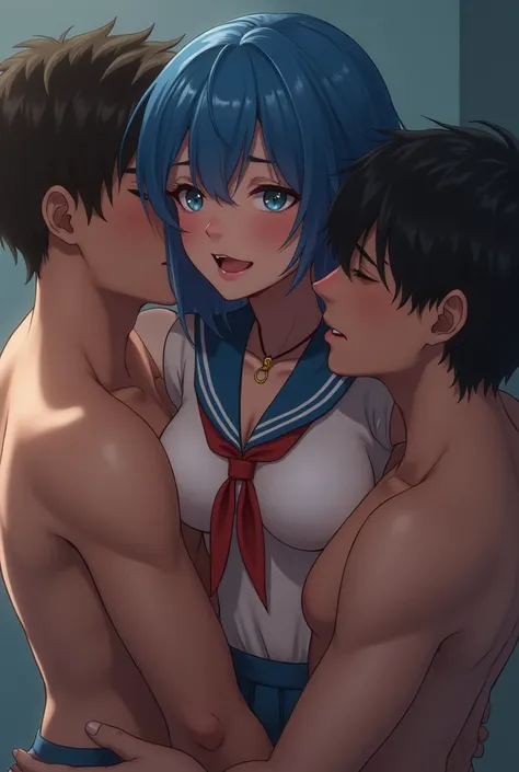 (photorealistic:1.4), professional photography, masterpiece, best quality, award winning photo, cinematic lighting, photon mapping, film grain, face focus, nsfw, dp, sailor mercury getting by two men, vaginal, orgasming, enjoying the pain, breathless, eyes...