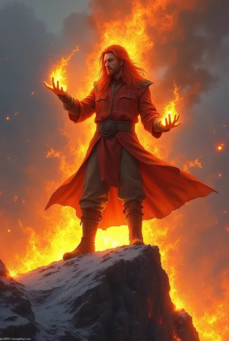 A man with red hair and warm colored clothes, pento of a volcano, using orange magic to control the fire around