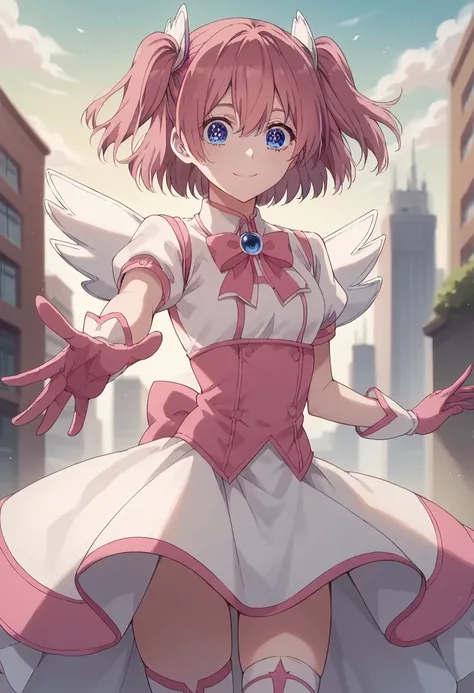 Score_9, Score_8_up, Score_7_up, source_anime, ririsaamano, ririsaamano, short hair, twintails, blue eyes, pink hair, bangs, ,thighhighs, gloves, dress, bow, magical girl, pink gloves, smile, s looking at viewer, alone, cowboy shot, dynamic pose, outdoors,...