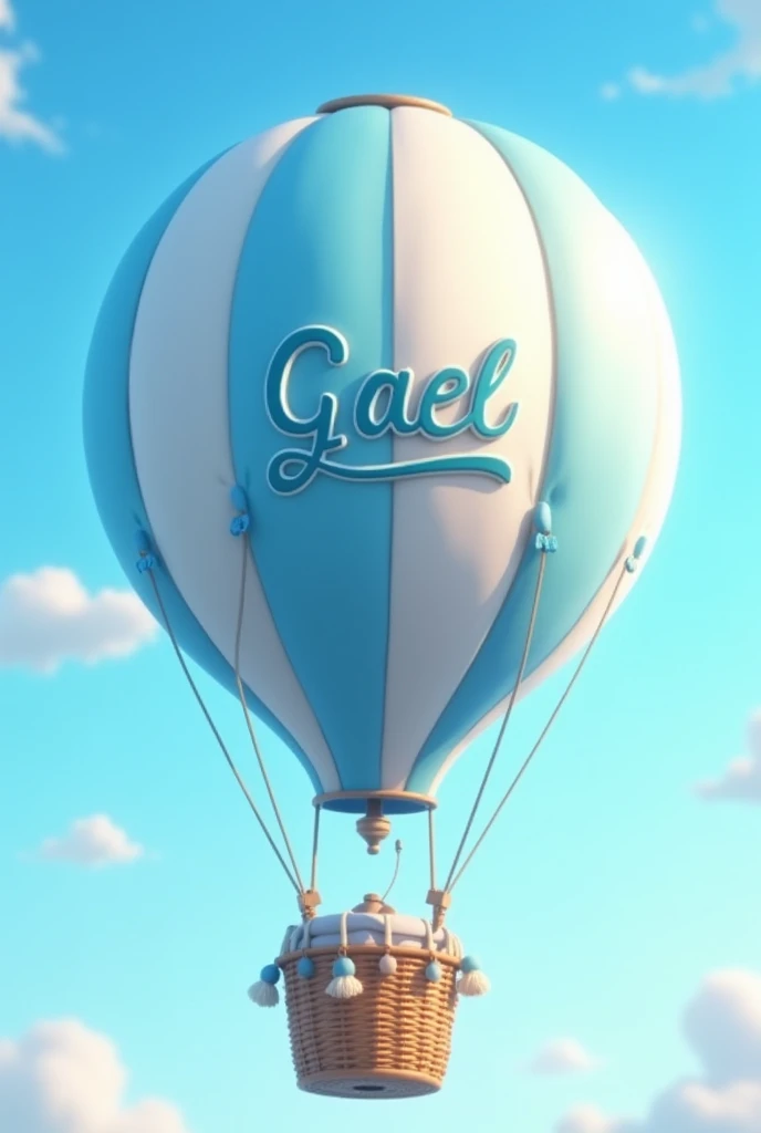 blue and white animated hot air balloon that says "Gael"