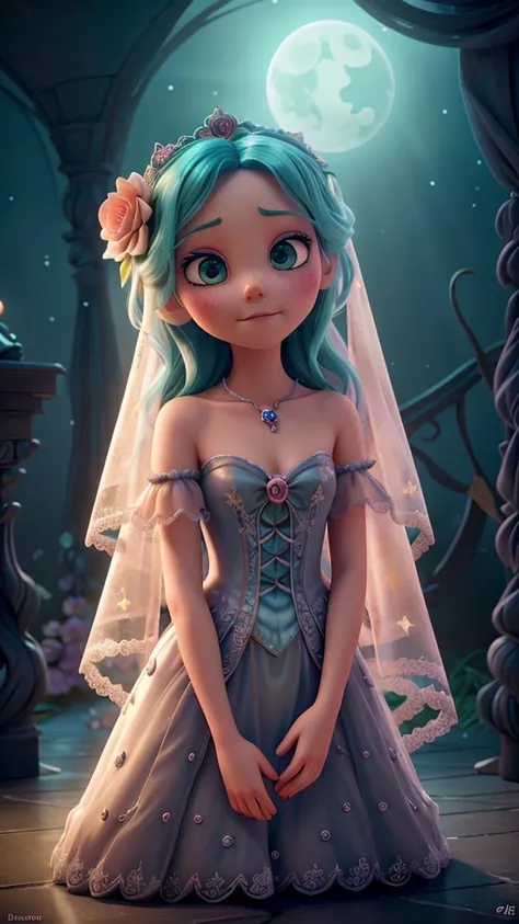 a wicked ethereal hyper-surrealistic fairy with intricate details, a veil, lace, ghostly tentacles, seashells, a monochromatic palette with soft muted peach and tan, surrounded by flowers, stars, and a crescent moon, with a sad, dreamy, spooky, glittering,...