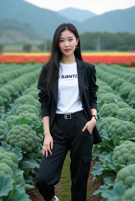 Beautiful Korean girl, smooth white skin, well-groomed face, tied black hair, posing in a very fertile and beautiful broccoli field, black jacket, white t-shirt with the Santi logo, cool watch, knee-length cargo pants, white shoes, mountain and flower back...