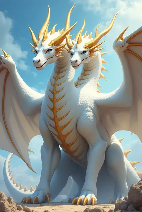 (Best quality)A imponent colossal dragon, white in color, (which has 3 heads, a head with a blue eye, a head with a red eye, a head with a blue eye),(it has long gleaming golden horns), (he has 3 pairs of wings(3 wings in both sides)), with golden stripes ...