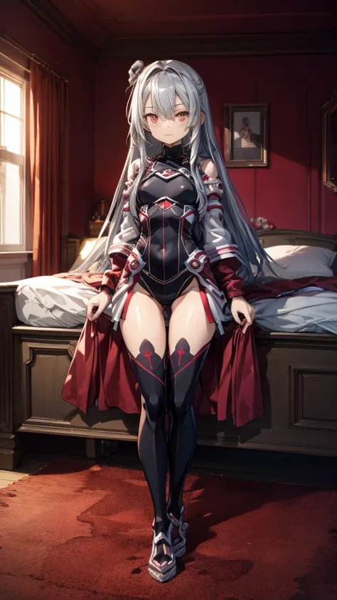 (Highly detailed CG), (Highest quality), 1 person, Perfect Face,  Glowing Skin, Glowing Skin, Wide Hips,Tight waist,leotard，bangs,Red eyes,Very Boots，Knee socks，Elbow Bag,1 person, Long Hair, Lying in bed, indoor,