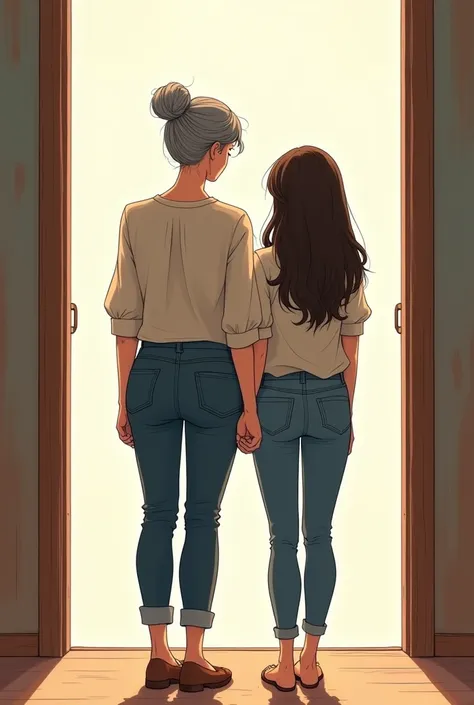 An older woman in a blouse next to a younger woman with long hair and jeans, both standing in front of an open door. back view. manga style. Mother and daughter.