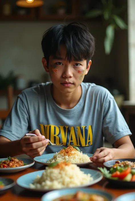 real photo. young man Indonesian face. wearing a black nirvana t-shirt. smile. his face and blue eyes were bruised as if he had been beaten. having breakfast with side dishes of rice and vegetables at the dining table in the morning.
.Ultra-realistic 8K ph...