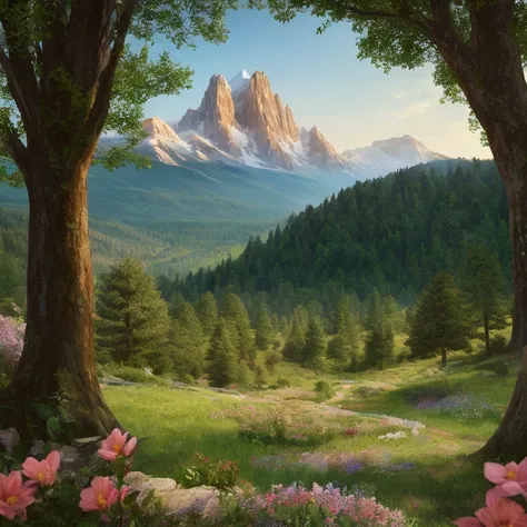 (masterpiece:1.2,Exceptional, Cinematic Experience),8k,wallpaper, Mountain with trees and flowers, Scenery