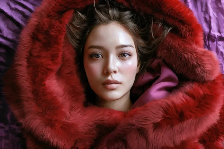 The picture depicts a woman was laying wrapped tight and struggling in a thick fluffy fur red blanket squeezing around her, laying on a luxurious mattress covered very tightly with three layers luxurious red blankets, very thick, very soft, very soft and v...