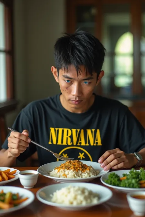 real photo. young man Indonesian face. wearing a black nirvana t-shirt. smile. his face and blue eyes were bruised as if he had been beaten. having breakfast with side dishes of rice and vegetables at the dining table in the morning.
.Ultra-realistic 8K ph...