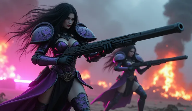 Full body pose sexy sisters of battle from the warhammer 40k, shooting at the enemy, purple and black space marine armor with intricate details, religous symbols on the armor, sisters of battle, warhammer 40k, Massive silicone breast, pale skin, seductive,...