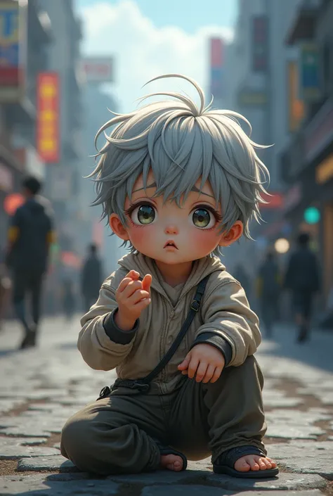 toddler anime, Silver-haired boy, streets, tattered clothes, begging, sad, beggar child, high resolution、ultra-detailliert