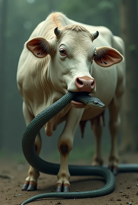 The cow eating anaconda and half body of anaconda getting outside from cow 