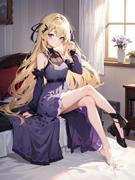 Cute anime girl with long blonde hair and purple eyes wearing an open gray dress sitting on her bed, one leg crossed over theother. She has green ribbons in her hair. Full-body portrait, cute pose, bedroom background, high-quality illustration style, best ...