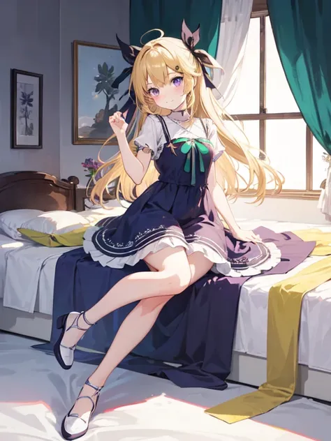 Cute anime girl with long blonde hair and purple eyes wearing an open gray dress sitting on her bed, one leg crossed over theother. She has green ribbons in her hair. Full-body portrait, cute pose, bedroom background, high-quality illustration style, best ...