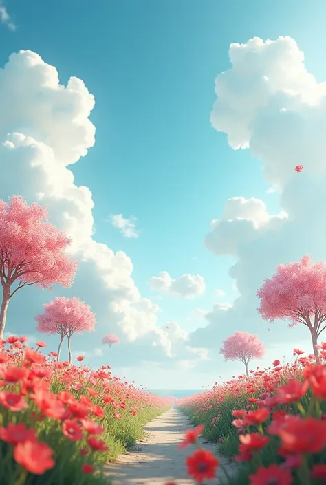 There are clouds, there are red flowers and pink trees