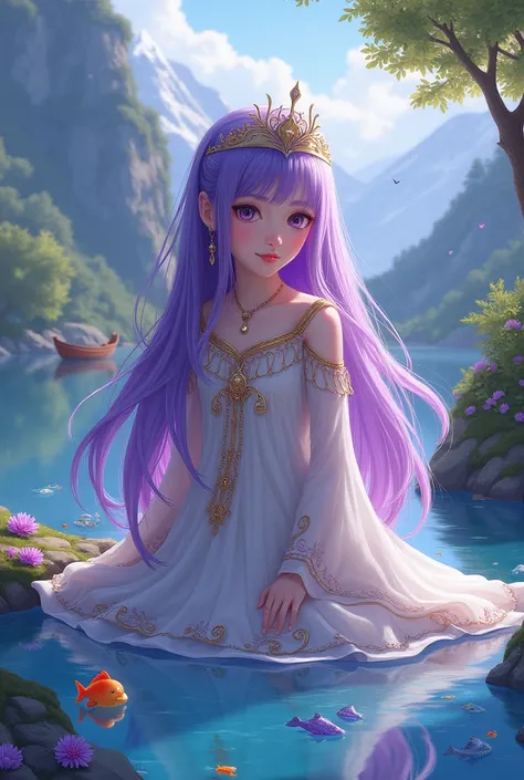 A girl long porple hear and porple eyes  and white and gold dress and dressing line porple with a head golden taj and side in a boy neture like a mountain and waterfall’ lake’ lake under colorful fishses’ duck’ and boat 