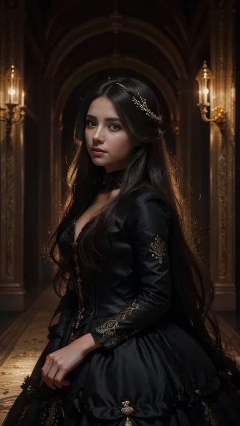 masterpiece, best quality, 1girl, solo, ((mature female)), round pupils, long hair, hair, princess, black dress, fantasy, happy, looking at viewer, cartoon, anime, (oil painting), intricate, detailed, cinematic lighting, volumetric lighting, dramatic shado...