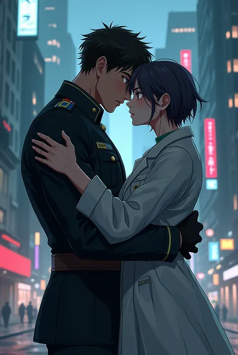 8k, ultra hd, background type, cyberpunk anime, a domineering military man is holding a sickly male scientist in his arms, male-male love, BL