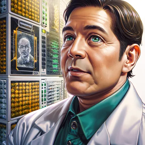 (absurdres, highres, ultra detailed, HDR) master piece, best quality, extremely detailed face, delicated features, scientist, 1boy, male, man, scientists white coat, green eyes, tall