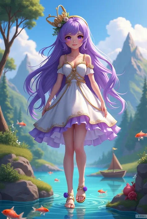 A girl long porple hear and porple eyes  and white and gold dress and dressing line porple with a head golden taj with neture like a mountain and waterfall’ lake’ lake under colorful fishses’ duck’ and boat 