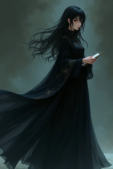 Create an anime style drawing of a girl in a long black dress, dark cloak and holding a notepad.