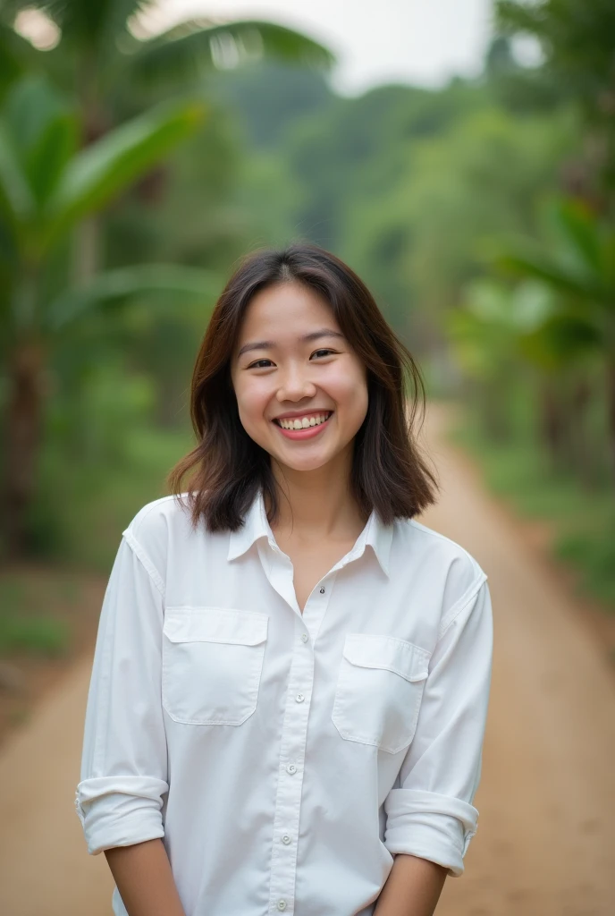 arafed girl in white shirt smiling at camera on dirt road, nivanh chanthara, 1 , 1, she is about 1 , isabela moner, alanis guillen, 1 girl, leaked image, taken in the early 2020s, imane anys