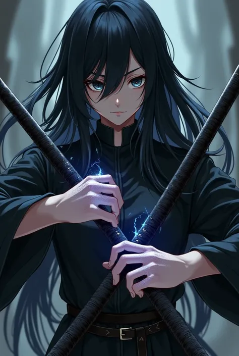 Create an anime character Power of the vacuum Black hair Eye scar 2 Matte black katana