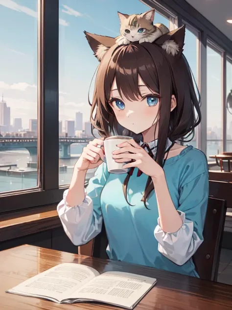  A cute girl with brown hair and blue eyes, wearing a striped top, is sitting at a table in a cafe, drinking coffee. She has cat ears on her head. In the style of digital art, cute anime, and pastel colors, the fantasy-inspired scene features soft hues, cr...