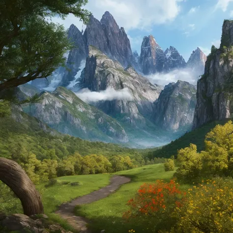 (masterpiece:1.2,Exceptional, Cinematic Experience),8k,wallpaper, Mountain with trees and flowers, Scenery, perfectly detail, extremely detail, real life