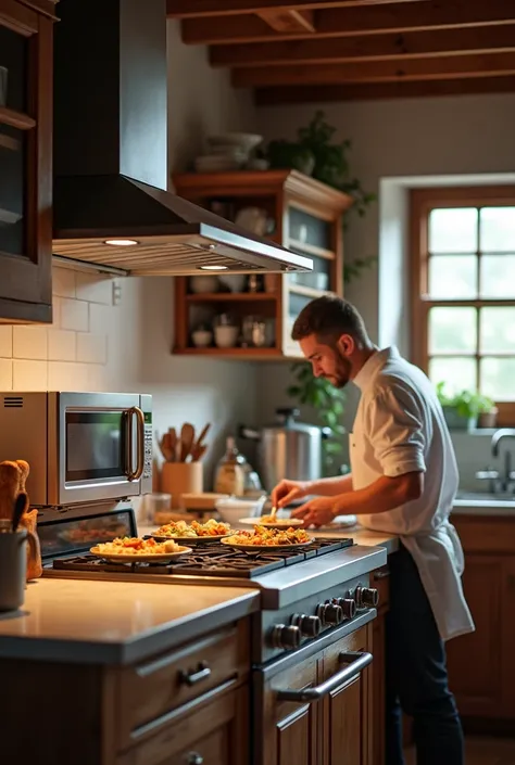 Traditional kitchen with counter, Countertop extractor , microwave 