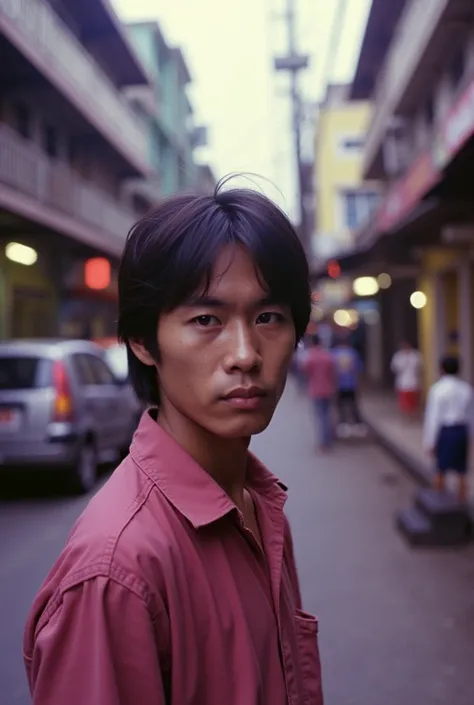 Some photographs circa 1982, street photo in Bandung city.  :: Photograph with pockets camera, Kodak colour, ... Purpleish:: face looking to viewer