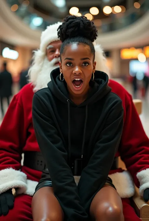 black woman hair in a bun black hoodie black leather short shorts excited and eyes wide open on her face setting in santa claus lap at the mall 8k