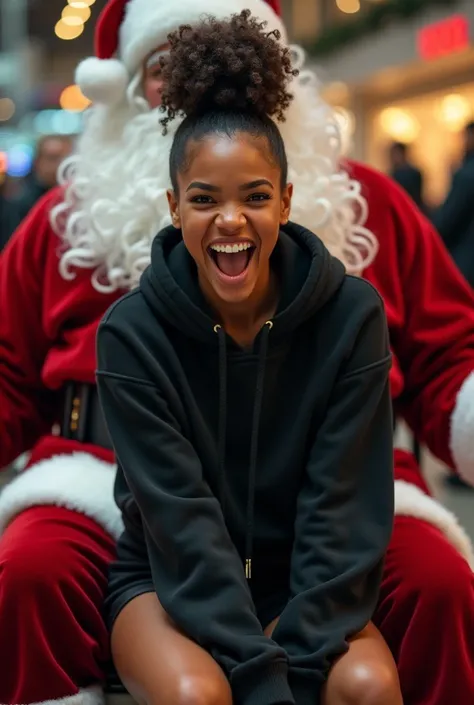 black woman hair in a bun black hoodie black leather short shorts excited and eyes wide open on her face setting in santa claus lap at the mall 8k